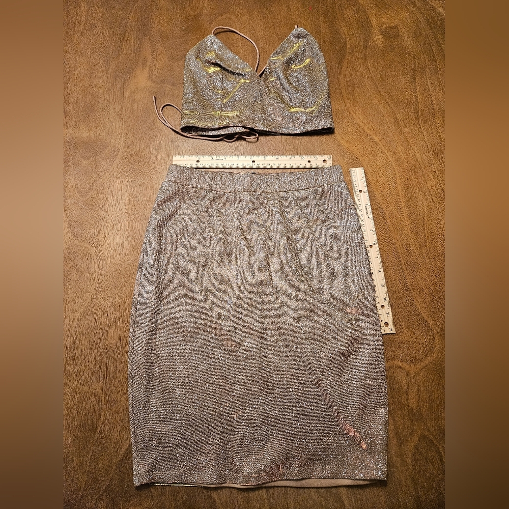 Lulu's Glittering Gold Tone Pencil Skirt And Tie Back Top